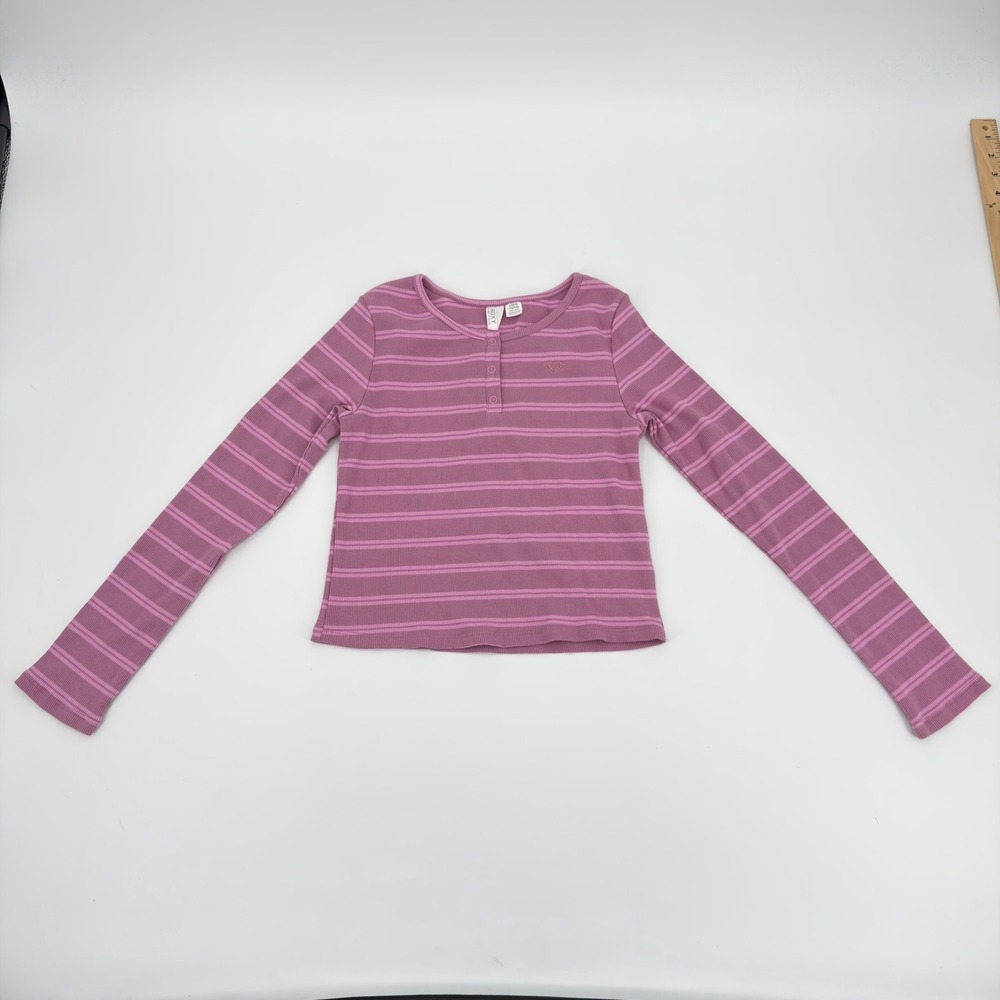 Roxy Girls Pink Purple Striped Ribbed Long Sleeve Henley Top Size L 12/14